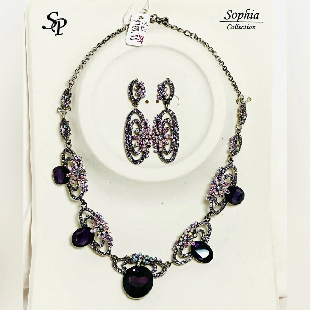 SP SOPHIA COLLECTION Purple and Silver Necklace Set pierced earrings new 2010